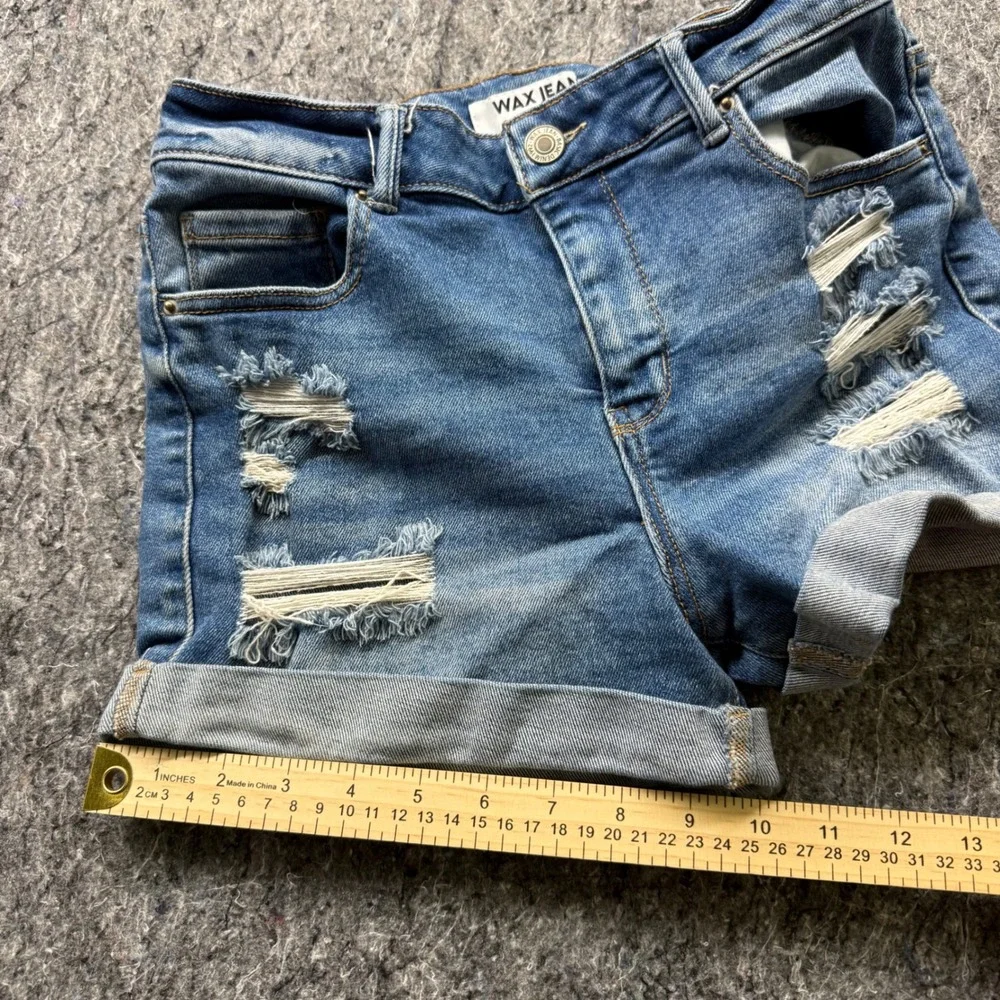 Wax Jean Distressed Denim Shorts Medium Wash High Rise Cuffed Size M 90233